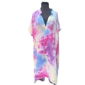 9 Seed Resort Gauzy Cotton Tunsia Tie Dye Boho Lagenlook Midi Dress OS NWOT